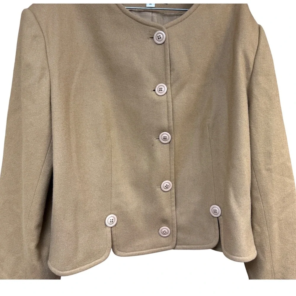 Orvis Women100% Wool Camel Tan Collarless Cropped Blazer Jacket Size 14 USA Made